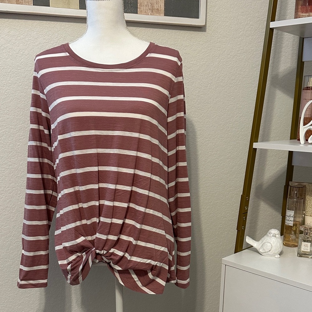 Maurices Mauve and White Striped Knot Front Long Sleeve Tee